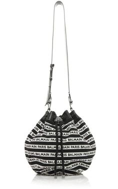 This Balmain bag is rendered in canvas and features a medallion drawstring and printed logo design.Logo-print canvas and and calfskin leather.Adjustable shoulder strap secured by rings.Open top with logo medallion drawstring closure.Color: Black/WhiteH 18.9" x L 18.9" x W 13.4"77% cotton; 3% elastane; 20% polyesterInterior slip pocketMade in Italy Balmain Bag, Chevron Jewelry, Shoes Flats Sandals, Frame Bag, Brown Handbag, Small Shoulder Bag, Large Bag, Open Top, Bag Tags