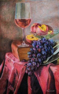 a painting of grapes, fruit and a glass of wine on a cloth with a book