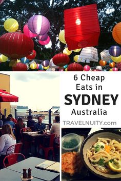 there are many colorful lanterns hanging over the tables at this eatery in sydney, australia