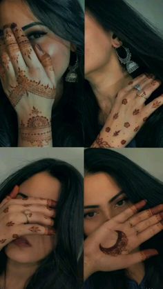 four different pictures of a woman with henna on her hands and the other hand covering her face