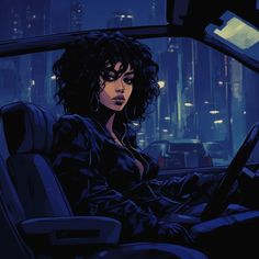 a woman sitting in the driver's seat of a car with city lights behind her