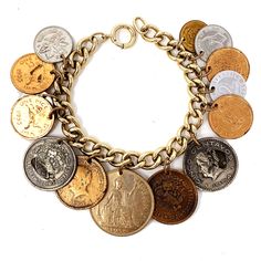 c. unknown Link Chain Heavily Adorned with Real Coins Spring Ring Closure Great Vintage Condition //All Vintage Sold as Is\\ Gold Locket Necklace, Gold Locket, Locket Necklace, Spring Rings, Link Chain, Link Bracelets, Locket, Bangles, Charm Bracelet