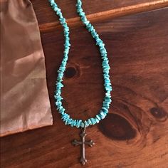 Never Worn. Brand New. Turquoise And Silver Cross Necklace, Handmade Turquoise Cross Necklace Spiritual, Turquoise Cross Necklace, Turquoise Nickel-free Necklace For Beach, Southwestern Style Blue Turquoise Nickel-free Necklace, Turquoise Cross, Tassel Necklace, Blue Brown, Womens Jewelry Necklace