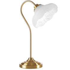 a gold desk lamp with a white glass shade on the base and a brass metal arm