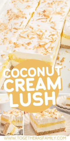 coconut cream lush dessert is cut into squares and served on a white plate with the text overlay reads, coconut cream lush