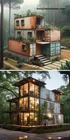 two pictures side by side of a house made out of shipping containers and some trees