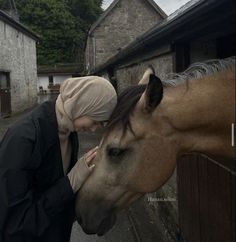 a woman in hijab petting a brown horse on the nose and head