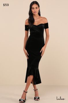 Slip into the Lulus How Much I Care Black Velvet Off-the-Shoulder Midi Dress and dance the night away! Soft and stretchy velvet shapes this stunning dress that features a sweetheart neckline (with hidden no-slip strips) and a darted bodice, framed by short off-the-shoulder sleeves. High, fitted waist tops a figure-flattering midi skirt with a trumpet silhouette and a ruffled, high-low hem. Fit: This garment fits true to size. Length: Mid-calf length. Size medium measures 47.5" from top to bottom. Bust: Great for any cup size. Waist: Fitted - stretchy fabric allows custom fit. Hip: Fitted - stretchy fabric allows room for hips. Undergarments: May be worn with a strapless bra, adhesive bra, petals, or no bra. Fabric: Fabric is very stretchy. Bodice is lined. Dress Measures 8. 5" Longer At Ba Prom Dress Shops, Masquerade Outfit Ideas, Masquerade Outfit, Trumpet Silhouette, Dress Shops, High Low Midi Dress, 30 Outfits, Velvet Midi Dress, Prom Dress Shopping