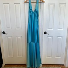 Baby Blue Halter Gown With Low Back Baby Blue Gown, Gold Evening Gown, Backless Evening Gowns, Mesh Panel Dress, Silver Metallic Dress, Rose Gown, Gown Gold, Sequin Evening Gowns, Lace Evening Gowns