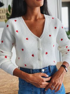 Petit coeur jumper – BERTHIE Heart-shaped Spring Sweater, Fitted Heart Print Sweater For Fall, White Heart-shaped Sweater For Spring, Casual Heart Print Cardigan For Spring, Lady Outfits, Knitting Squares, Embroidered Hearts, Heart Cardigan, Jumper Outfit