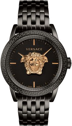 Versace VERD00518 Palazzo Empire rose gold black Stainless Steel Men's Watch NEW VERSACE VERD005 18 PALAZZO EMPIRE Men's Watch MOVEMENT: Quartz GLASS: Sapphire Glass DIAL COLOR: black/rose gold CASE WIDTH: 43 mm CASE MATERIAL: Stainless Steel CASE COLOR: black BAND MATERIAL: Stainless Steel BAND COLOR: black WATER RESISTANCE: 5 ATM EAN 7630030537974 SWISS MADE BRAND NEW WITH TAG, BOX & AUTHENTICITY CARD with Certilogo CLG authenticity code and 2 year international warranty powered by plentymarkets Versace Logo, Vintage Versace, Versace Watch, Versace Collection, Black Bracelets, Boutique Online, Rose Gold Watch, Men's Watches, Gianni Versace