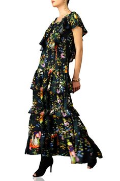 Model stats for sizing: Height: 5’ 8.5” Bust: 32” Waist: 23” Hips: 34” Model is wearing OS (One Size fits most) KylexShahida's Long Ruffle Maxi Dress made with the purest of silk with premium designing for a pristine eye-catching look Care: Dry clean or gentle hand wash only Fitted Floral Print Maxi Length Ruffle Dress, Fitted Multicolor Ruffled Maxi Dress, Floral Print Tiered Maxi Dress For Evening, Tiered Floral Print Maxi Dress For Evening, Fitted Floor-length Ruffle Dress For Spring, Spring Cocktail Tiered Maxi Dress, Spring Silk Maxi Dress With Ruffles, Fitted Multicolor Dress With Ruffle Hem, Spring Tiered Silk Dresses