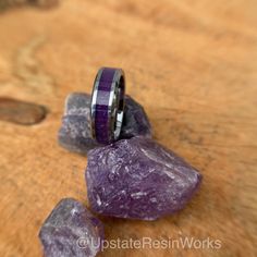 Each order is for one custom handmade ring handcrafted to order personally **for you** in the Upstate Resin Works LLC shop located in Upstate NY. This rings inlay is made using genuine amethyst. The facets, sparkle and shine of each ring will be 100% unique while maintaining a look similar to the ring in the photos. The design can be be adjusted to make it YOUR perfect ring! Let me know using the personalization box. Several band types are available; Black Zirconia - Hypoallergenic, high scratch Round Tungsten Carbide Jewelry Gift, Anniversary Rings In Tungsten Carbide, Round Tungsten Carbide Promise Ring Jewelry, Tungsten Carbide Promise Ring, Anniversary Tungsten Carbide Rings, Vow Renewal Wedding, Inlay Rings, Rings Amethyst, Amethyst Wedding Band