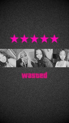 five stars over the top of a black and white photo with pink text on it