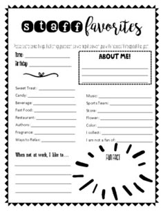 a printable sheet with the words stuff for favorites about me in black and white