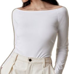 Chic Relaxed Fit Boat Neck Top, Elegant Cotton Scoop Neck Tops, Chic White Scoop Neck T-shirt, Fitted Cotton Boat Neck Top, Fitted Cotton Top With Boat Neck, White Stretch Boat Neck Top, Chic White Boat Neck Top, Elegant Stretch T-shirt With Scoop Neck, Rib Boat