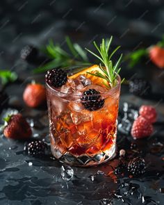 a glass filled with ice and berries on top of a table next to other fruits