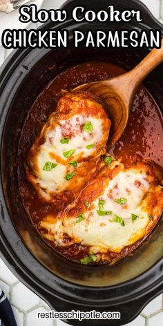 slow cooker chicken parmesan in a crock pot with text overlay