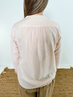 Donna Collarless Blouse Apricot Long Sleeve Blouse For Spring, Long Sleeve Apricot Top For Summer, Apricot Long Sleeve Top For Summer, Feminine Long Sleeve Apricot Blouse, Peach V-neck Blouse For Spring, Feminine Peach V-neck Blouse, Casual Long Sleeve Apricot Blouse, Pink Relaxed Fit Blouse For Daywear, Chic Long Sleeve Apricot Top