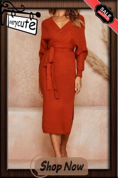 V Neck Backless Sweater Dress(5 Colors) Wrap Midi Dress For Fall Party, Fall Party Wrap Midi Dress, Chic Wrap Dress For Fall, Fitted Wrap Dress For Winter, Non-stretch Dress For Date Night In Fall, Non-stretch Fall Dresses For Brunch, Wrap Dresses For Fall Night Out, Non-stretch Fall Brunch Dresses, Wrap Dresses For Night Out In Fall