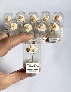 a hand holding a small glass jar filled with flowers