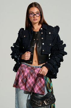 FELICITY STATEMENT SLEEVE DENIM JACKET Edgy Cotton Denim Jacket For Spring, Edgy Dark Wash Denim Outerwear, Edgy Dark Wash Outerwear For Spring, Fitted Punk Denim Jacket For Spring, Edgy Denim Vest For Fall Streetwear, Edgy Cotton Denim Vest For Fall, Fitted Punk Denim Jacket For Fall, Edgy Denim Vest For Fall, Fitted Cotton Punk Denim Jacket