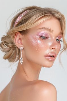 Pink Shades Makeup, Shimmer Makeup Look Sparkle, Light Shimmer Makeup, Glitter Makeup Pink, Glitter Blush, Pink Toned Makeup, Pink Sparkle Makeup, Glitter Makeup Aesthetic, Glowy Pink Makeup