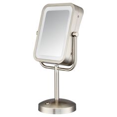 a silver stand with a mirror on it