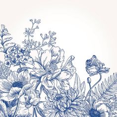 a blue and white drawing of flowers on a white background