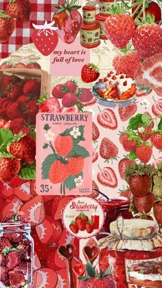 a collage of strawberries, strawberrys and other food items on a table