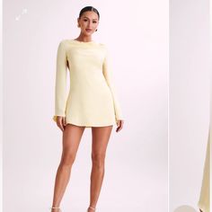 Brand New W/O Tag Meshki Satin Mini Dress With Cowl - Lemon Size: Medium Sold Out Online Elegant Mini Hem Bodycon Dress For Party, Spring Party Bodycon Dress With Mini Hem, Spring Cocktail Bodycon Dress With Long Sleeves, Cream Long Sleeve Mini Dress For Brunch, Long Sleeve Mini Dress For Spring Cocktail, Cream Long Sleeve Midi Dress For Cocktail, Elegant Yellow Long Sleeve Bodycon Dress, A-line Bodycon Dress For Spring Evening, Spring Evening A-line Bodycon Dress