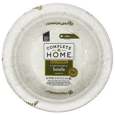 a white paper plate with the words compostable bowls printed on it's side