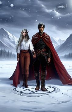 two people standing in the snow with one wearing a red cape and the other a white shirt