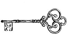 an old key with the letter v on it is drawn in black ink by hand