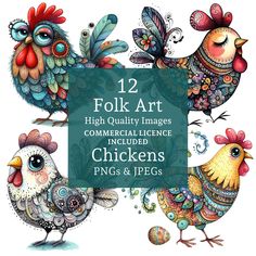 four colorful roosters with the words folk art high quality images are included in this image