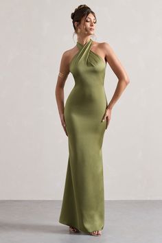 Unbeatable | Olive Satin Cross Over Halter-Neck Maxi Dress Dark Green Maxi Dress, Olive Green Bridesmaid Dresses, Midi Bridesmaid Dress, Bridesmaid Attire, Club L London, Halter Neck Maxi Dress, Olive Green Dresses, Fishtail Skirt, Party Dress Long Sleeve