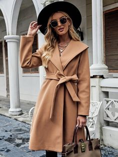 Shawl Collar Double Button Belted Overcoat | EMERY ROSE Western Outfits Women Classy, Dressy Western Outfits, Overcoat Outfit Women, Dressy Western Outfits Women, Overcoat Outfit, Preppy Prom, Trendy Business Casual, Business Formal Dress, Western Outfits Women