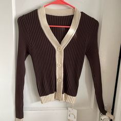 Coffee Colored V-Neck Long-Sleeve Shirt. This Top Is So Cute And Unique. New With Tags! Retro Beige V-neck Top, Trendy Brown V-neck Cardigan, Cream V-neck Top For Fall, Chic Brown V-neck Cardigan, Trendy Brown V-neck Top, Outfit References, Coffee Colour, V Neck Sweater, Colorful Sweaters