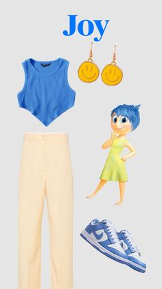 a blue shirt, yellow pants and white shoes are arranged in the shape of a doll