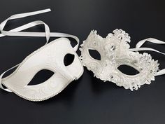 "It may not be your wedding day yet, or maybe it is, but show up as a couple with the all-white silver masks that would go great with any type of formal wear" White Masks For Carnival Party, White Adjustable Costume Accessories For Carnival, White Carnival Party Masks, White Party Mask Costume Accessory, Adjustable Masquerade Mask For Wedding Carnival, Elegant White Masquerade Mask For Weddings, White Party Masks For Carnival, White Carnival Party Mask, White Full Face Mask For Masquerade