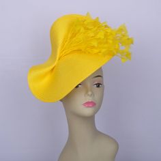 New exclusive design Big yellow PP straw saucer with feather flower Materials: PP straw,feather Size: about L30cm x W24cm 12mm satin headband at the back to attach on head Ideal for wedding/party/races/church/mother of the bride It is sent by epacket which takes 5-15 days to United Kingdom,10-15 days to France,10-25 working days to most of other countries.Shipping time can't be insured and it maybe take longer time than expected if any delay during transit,if you need it quicker please choose ex Summer Ostrich Feather Mini Hats For Races, Summer Evening Fascinator With Ostrich Feathers, Spring Race Mini Hats With Ostrich Feathers, Summer Mini Hats With Ostrich Feathers For Races, Summer Races Mini Hat With Ostrich Feathers, Summer Race Day Mini Hats With Ostrich Feathers, Yellow Mini Hat For Summer Party, Yellow Mini Hats For Summer Party, Spring Party Hat With Ostrich Feathers