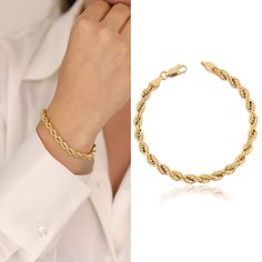 "Rediscover the allure of classic style with our 14k Gold 4.5mm Rope Chain Bracelet.  This bracelet encapsulates the essence of vintage design in a contemporary setting, making it the ideal accessory for both men and women. With six width possibilities, this twisted chain bracelet allows you to embrace timeless fashion while adding a personal touch. This unisex twisted chain bracelet, designed to resemble the grace of yesteryear, lends a touch of sophistication to any outfit. Its exquisite desig Elegant Bracelets With Link Rope Chain, Classic Gold Rope Chain Bracelet As Gift, Elegant Bracelets With Rope Chain Link, Elegant Bracelets With Rope Chain And Link Shape, Elegant Everyday Bracelet With Rope Chain, Elegant Rope Chain Bracelet For Everyday Wear, Classic Rope Chain Bracelets As Gift, Elegant Everyday Bracelets With Rope Chain, Elegant Everyday Rope Chain Bracelet