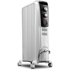 an electric heater sitting on wheels in front of a white background