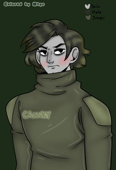 a drawing of a man in a hoodie with the words cranky written on his chest