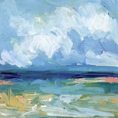 an abstract painting of blue and green water with white clouds in the sky above it