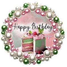 a happy birthday card with a cake and pearls