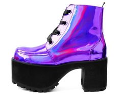 Lavender Iridescent Nosebleed Boot Chunky Platform Boots, Transgender Outfits, Platform Boots Chunky, Purple Metallic, Boots Style, Chunky Block Heels, Chunky Platform, Cool Boots, Shoes Outlet