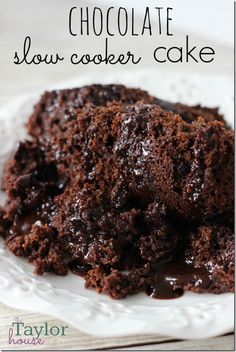 chocolate slow cooker cake on a white plate with text overlay that reads, chocolate slow cooker cake