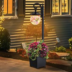 a potted plant sitting on the side of a sidewalk next to a lamp post