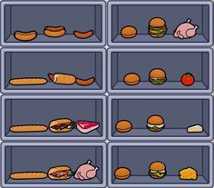 an image of many different foods in the fridges with meat, cheese, and other things on them